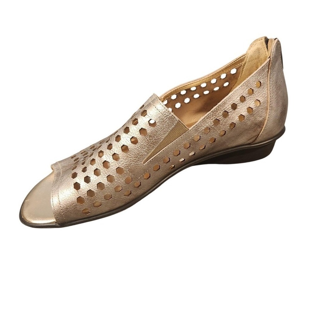Meucci Sandals Shoes Womens 10 Sesto Gold Perforated Leather Zip Wedge Peep Toe